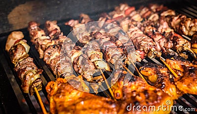Grilling meat skewers and chicken on natural charcoal barbecue g Stock Photo