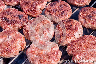 Grilling meatballs on the grill. Cooking barbeque with charcoal in garden Stock Photo