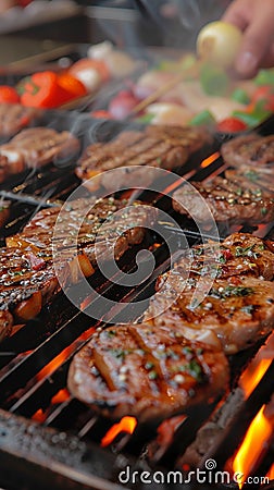 Grilling perfection Mouthwatering beef and chicken steaks searing over flames Stock Photo