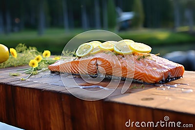grilling salmon with lemon slices on cedar plank Stock Photo