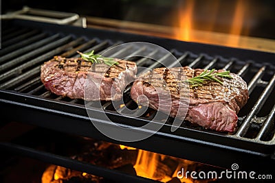 grilling steak on a cast iron griddle Stock Photo