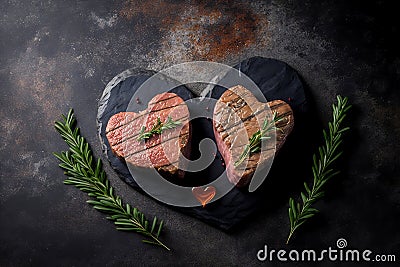 Grilling Two Heart-Shaped Marble Beef Steaks with Spices on a Stone Background. Generative AI Stock Photo