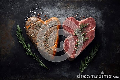 Grilling Two Heart-Shaped Marble Beef Steaks with Spices on a Stone Background. Generative AI Stock Photo