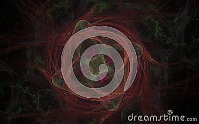 A grim abstraction in the form of a spiral flower with green wavy lines around on a black background Stock Photo