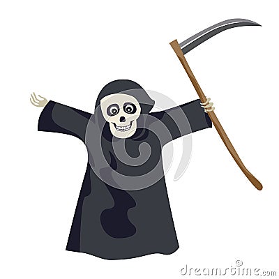 Grim reaper in black cloak with hood and a scythe isolated on a white background. Smiling skull. V Vector Illustration
