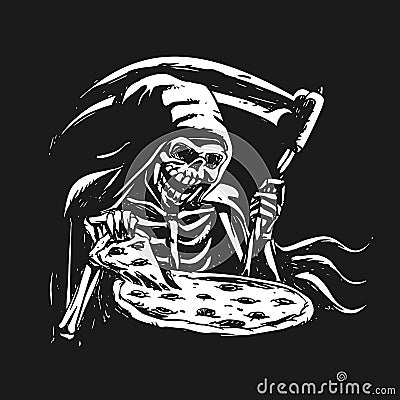 Grim reaper eating pizza - black and white Vector Illustration