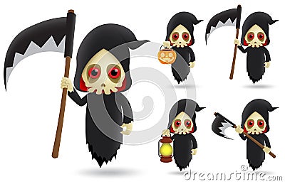 Grim reaper halloween character vector set. Grim reaper skeleton characters wearing halloween costume. Vector Illustration