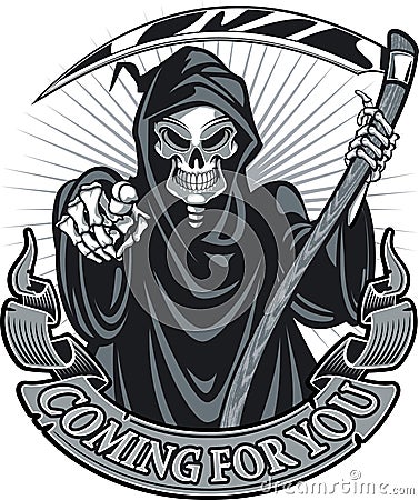 Grim reaper holding scythe and pointing Vector Illustration