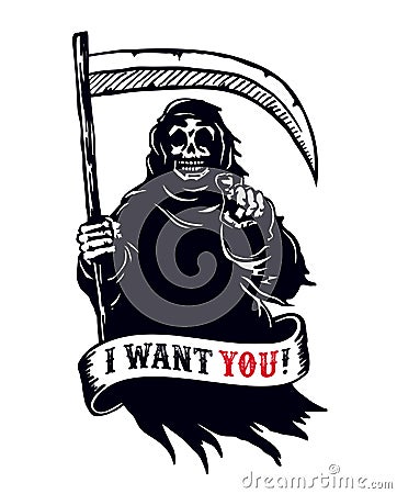 Grim reaper with scythe, death pointing finger. I want you dead! Vector Illustration