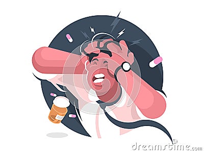 Grimace of man with severe headache Cartoon Illustration