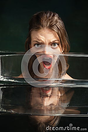Modern art photography. Funny weird girl& x27;s face through glass of water. Object distortion, optical illusion Stock Photo