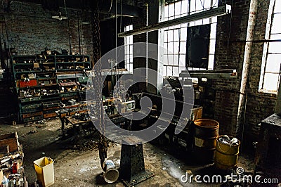 Grimy Vintage Machine Shop - Abandoned Glass Factory Stock Photo