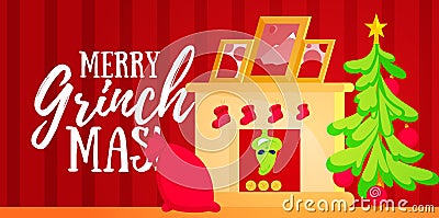 Christmas room with tree, fireplace, and gifts in red bag. Grinch climbs the chimney in the fireplace. Vector Illustration