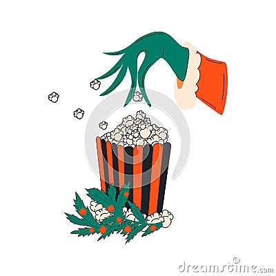 Grinch's hand takes popcorn. The concept of watching a Christmas movie. Vector Illustration