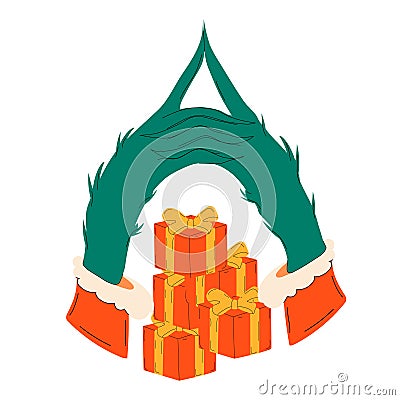 Grinch's hands are folded together over gifts on isolated background Vector Illustration