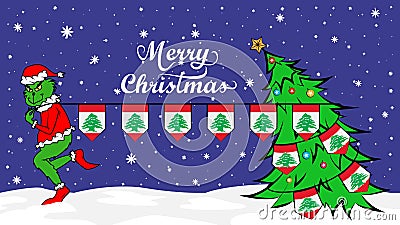 Grinch steals national flag of Lebanon illustration. Green Ogre in Christmas poster Cartoon Illustration