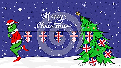 Grinch steals national flag of UK illustration. Green Ogre in Christmas poster Cartoon Illustration