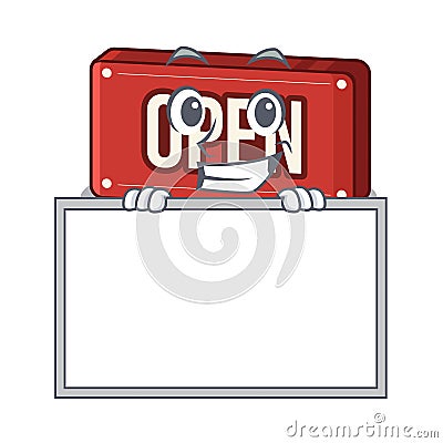 Grinning with board open sign in the mascot shape Vector Illustration