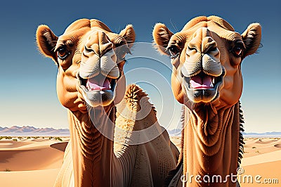 Grinning Camel Comedy: Funny Portrait of a Camel with an Exaggerated Grin, Squinting Eyes, Gazing Directly into the Camera Stock Photo