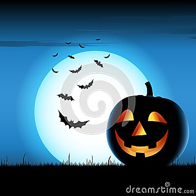 Grinning pumpkin with bats on blue Vector Illustration