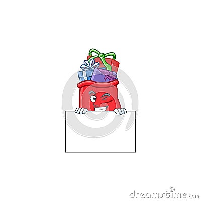 Grinning santa bag full of gift cartoon character style hides behind a board Vector Illustration