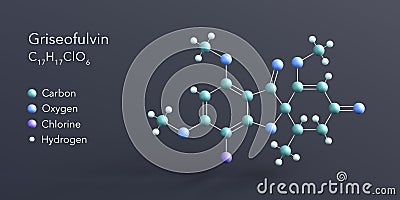 griseofulvin molecule 3d rendering, flat molecular structure with chemical formula and atoms color coding Stock Photo