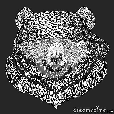 Grizzly bear Cool pirate, seaman, seawolf, sailor, biker animal for tattoo, t-shirt, emblem, badge, logo, patch. Image Vector Illustration