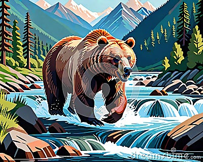 Grizzly bear fishing rocky river stream water fishing artist sketch Cartoon Illustration