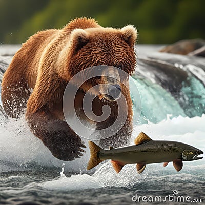 Grizzly bear hunts for salmon in white water river Stock Photo