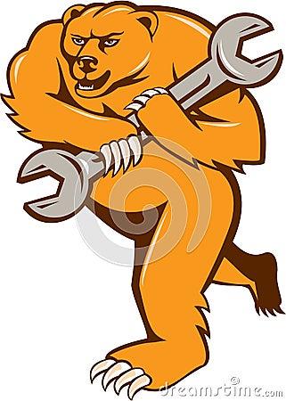 Grizzly Bear Mechanic Spanner Circle Isolated Stock Photo