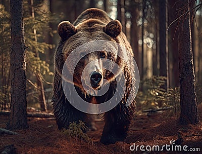 Grizzly Bear Walking in the Woods. AI generated Illustration Stock Photo