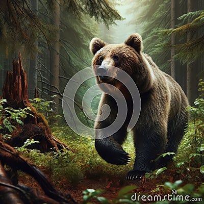 Grizzly bear walks through American forest Stock Photo