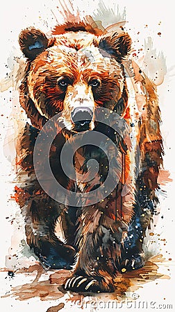 Grizzly brown bear walking vertical portrait design in watercolor Stock Photo
