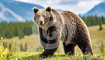 Grizzly or North American brown bear - Ursus arctos horribilis - walking in grass meadow with blurred mountainous and sky Stock Photo