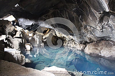 Grjotagja volcanic cave with blue hot thermal water in Iceland presented in the Game of Thrones Stock Photo