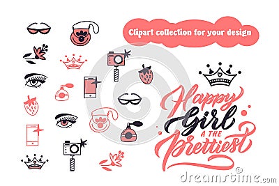 Grl pwr icons. Girl power bundle. Feminism creative bundle. Strong woman fashion Vector Illustration