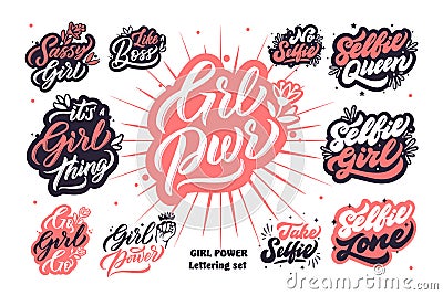 Grl pwr phrases. Girl power calligraphy bundle. Feminism slogan handwritten lettering creative Vector Illustration