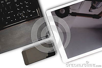 Gro of modern electronic devices, computer laptop, digital tablet and mobile smart phone,isolated on white background Stock Photo