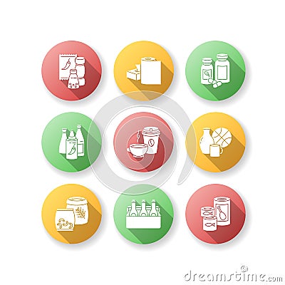 Groceries flat design long shadow glyph icons set Vector Illustration