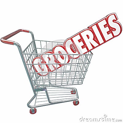 Groceries Shopping Cart Word Store Food Products Stock Photo