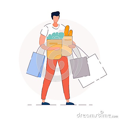 Groceries shopping. Isolated vector buyer man Vector Illustration