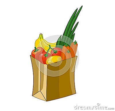 Grocery bag isolated on white background. Cartoon illustration. Fruits and vegetables: bananas, lemon, carrots, tomato Cartoon Illustration