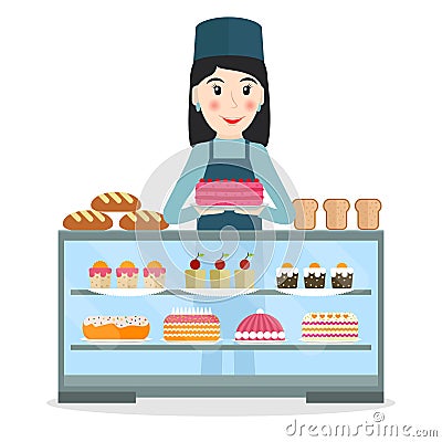 Grocery or bakery salesperson with cake. Vector Illustration