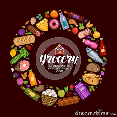 Grocery banner. Food and drinks icons set. Vector illustration Stock Photo