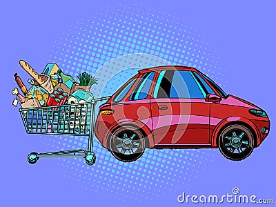 A grocery cart full of purchases near the car Vector Illustration