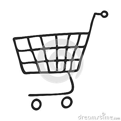 Grocery cart from the supermarket in Doodle style. The symbol of shopping. A simple black and white drawing is drawn by hand and Stock Photo
