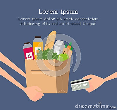 Grocery delivery service concept with paper bag full of food. Vector Illustration