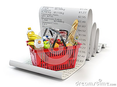 Grocery expenses budget and consumerism concept. Shopping baske Cartoon Illustration