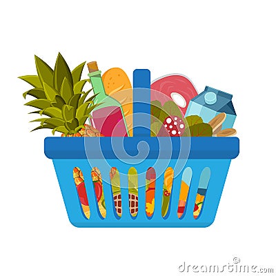 Grocery food basket different goods such as fruits and vegetables, meat and wine, milk and bread Vector Illustration