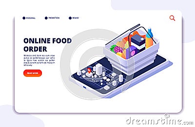 Grocery food delivery isometric concept. Online order with mobile phone app. Internet food restaurant vector banner or Vector Illustration